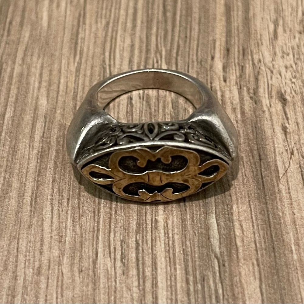 John Hardy Sterling Silver & 18K Yellow Gold Fleur De Lis Dome Ring Band Size 7